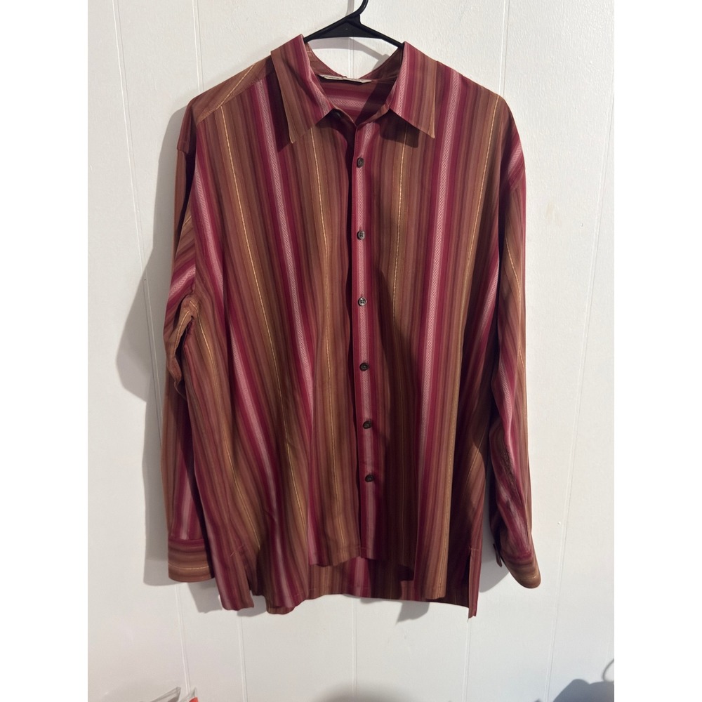 Tommy Bahama 100% Silk Striped Button Front Shirt Men's Large L Long Sleeve